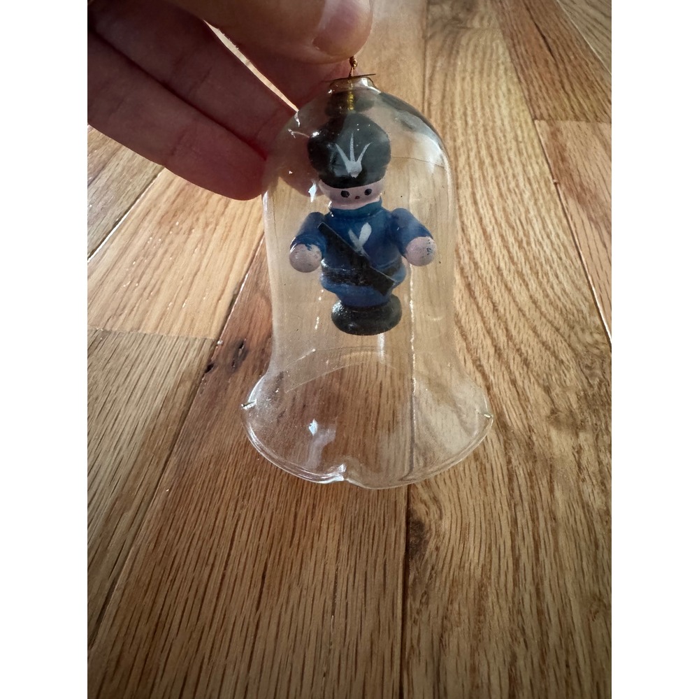 Vintage Glass Bell Christmas Ornament with Wooden Toy Soldier Blue Uniform 3in
